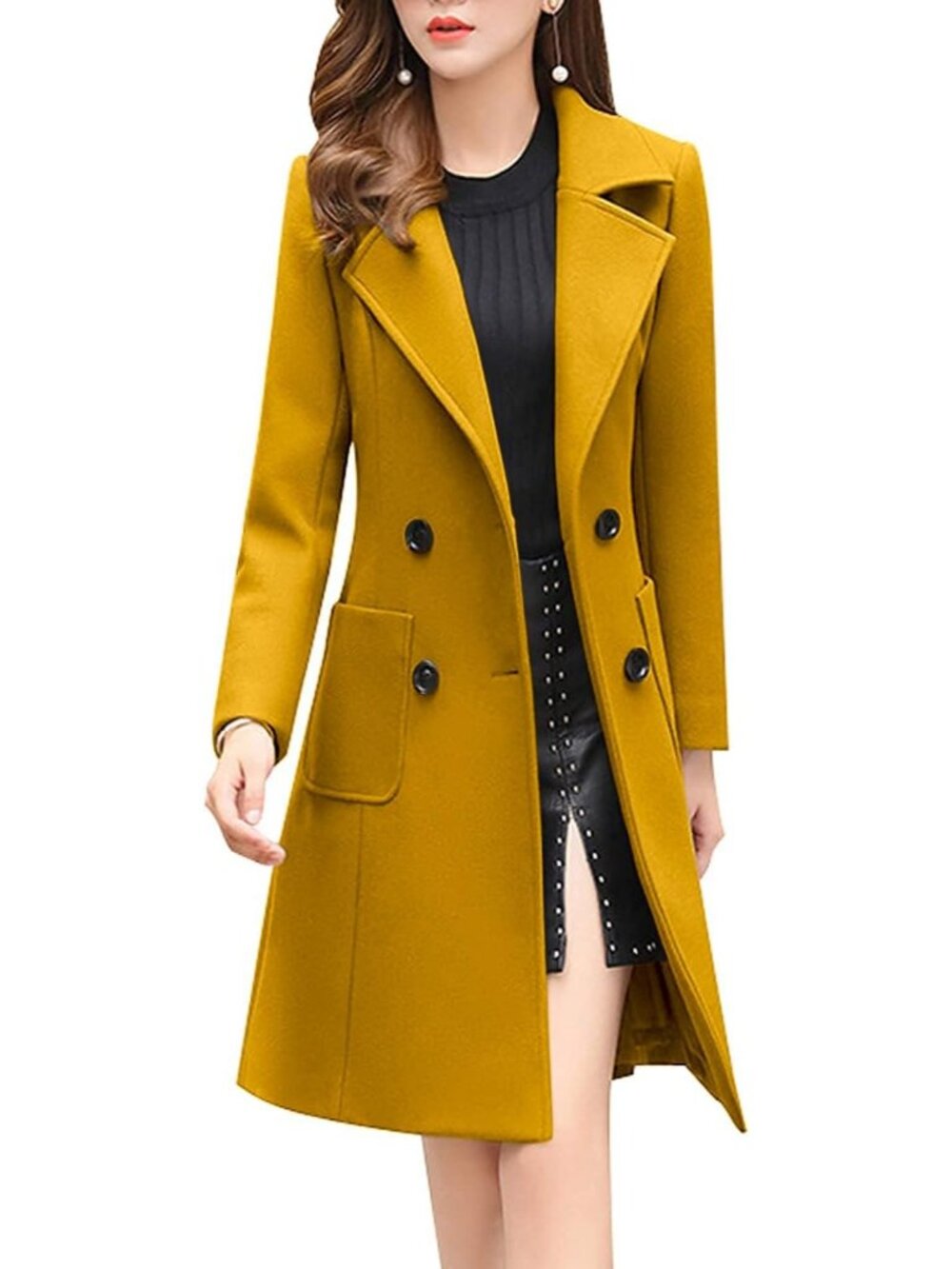 Women's Yellow Notch Collar Long Sleeve Double Breasted Long Wool Pea Coats